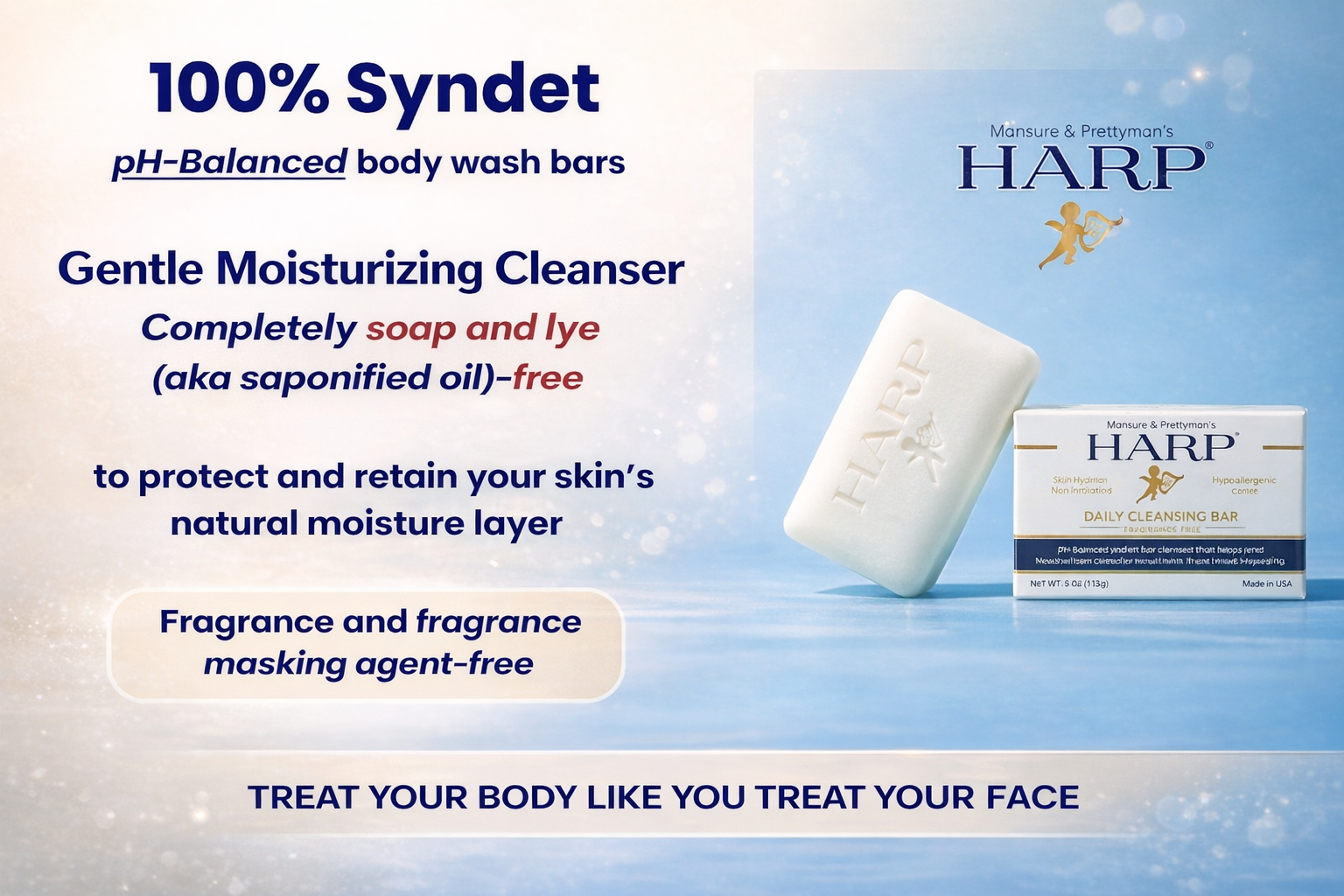 HARP® FRAGRANCE FREE Body Wash Bar – pH Balanced (5.0–6.0) Syndet Cleanser, No Lye, Non-Comedogenic, Gentle for Sensitive & Dry Skin, With Shea Butter & Borage Oil. 5oz Bars