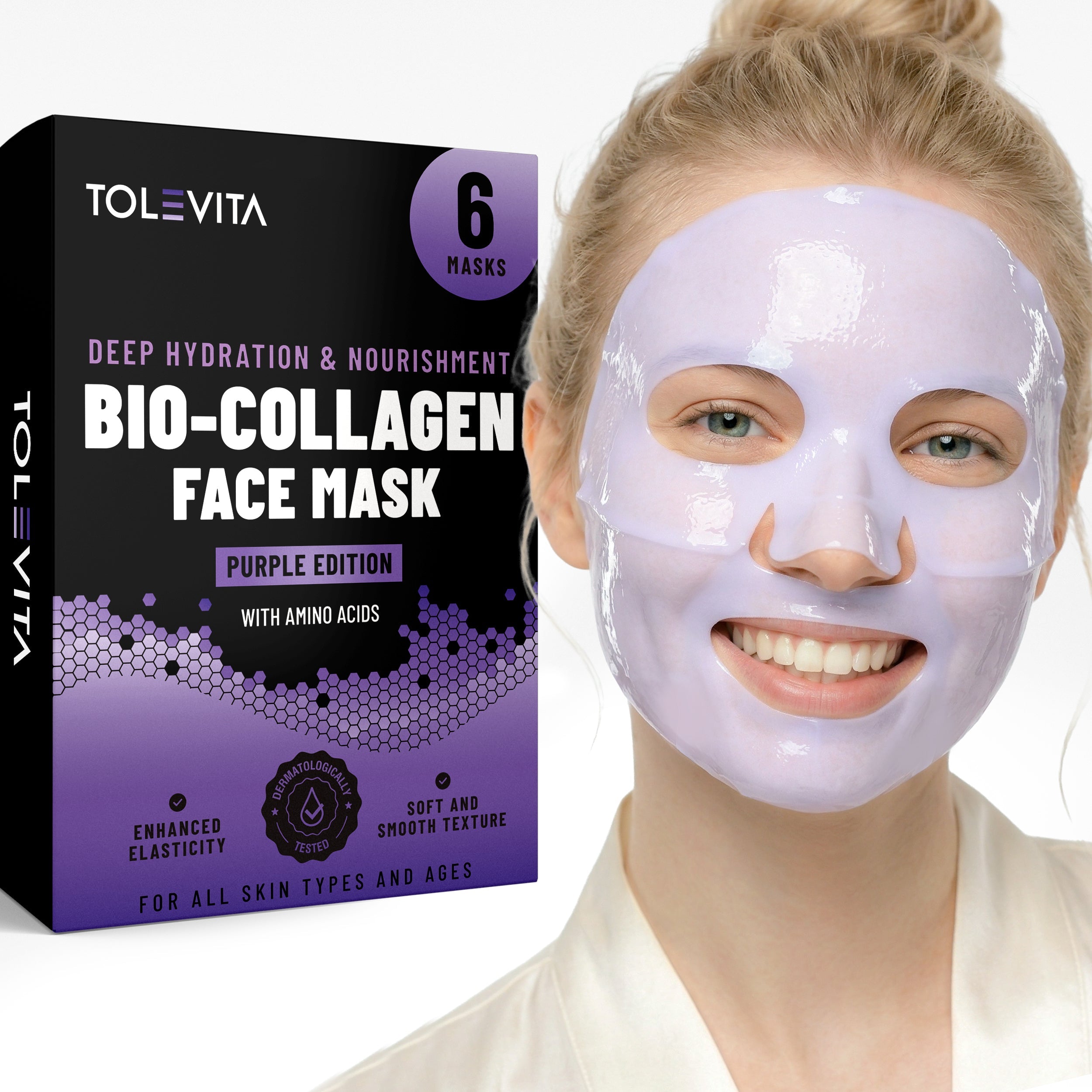 Bio-Collagen Hydrogel Face Mask Purple Edition, Hydrating & Nourishing Mask with Collagen, Hyaluronic Acid & Niacinamide, 6 masks
