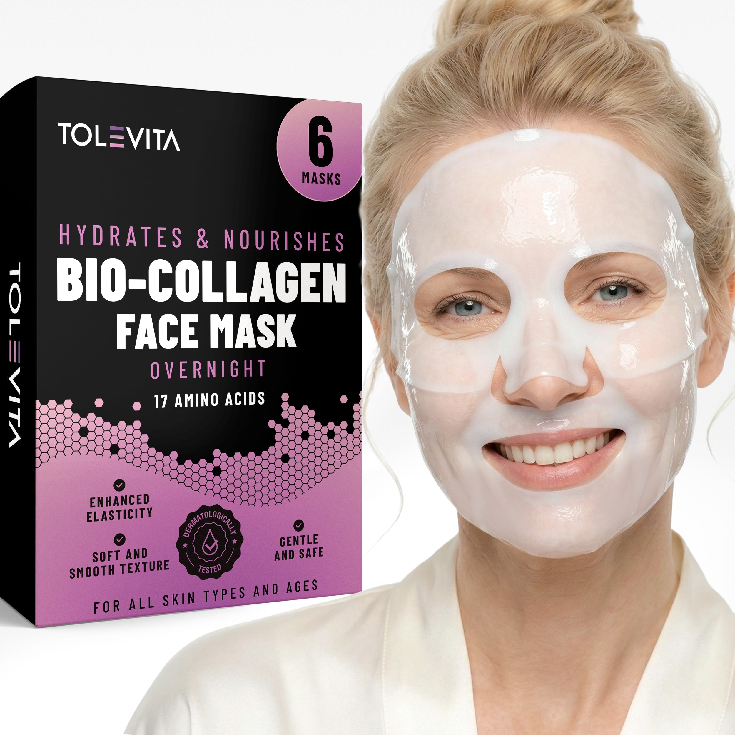 Bio-Collagen Hydrogel Face Mask, Hydrating & Nourishing Mask with Collagen, Hyaluronic Acid & Niacinamide, 6 masks