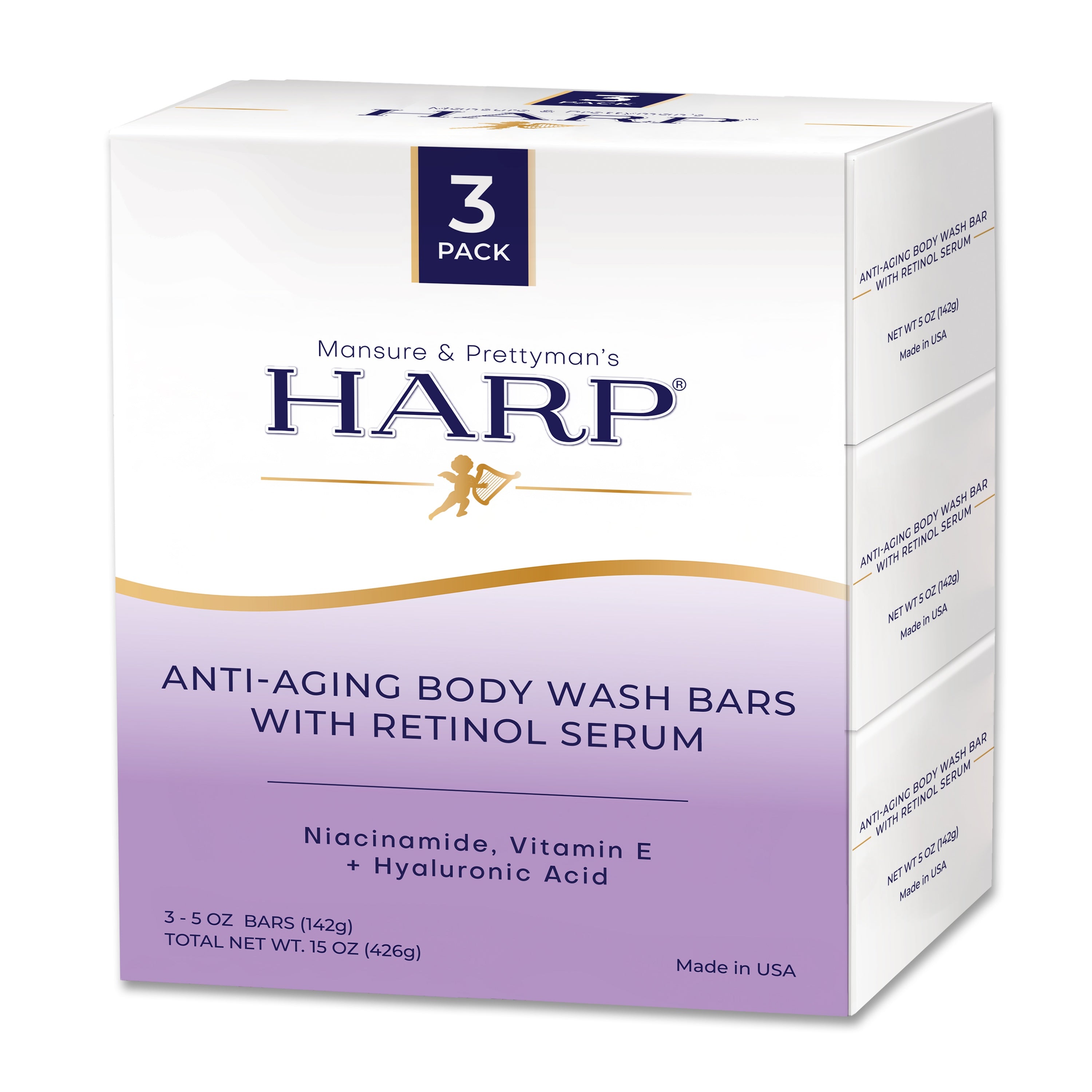HARP® Anti-Aging Body Wash Bar with Retinol – pH Balanced Syndet Cleanser, FRAGRANCE FREE, Soap-Free & No Lye, Non-Comedogenic, With Niacinamide, Hyaluronic Acid & Vitamin E, 5 oz