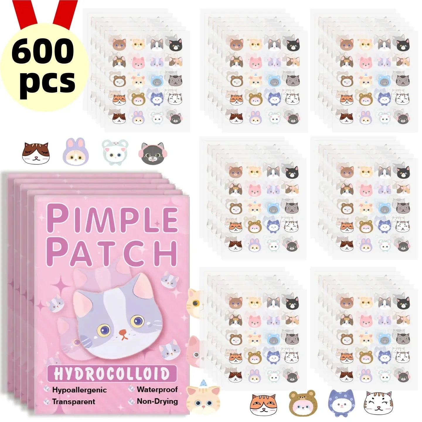 600pcs Cartoon Cat Acne Patches – Ultra-Thin Breathable Pimple Stickers