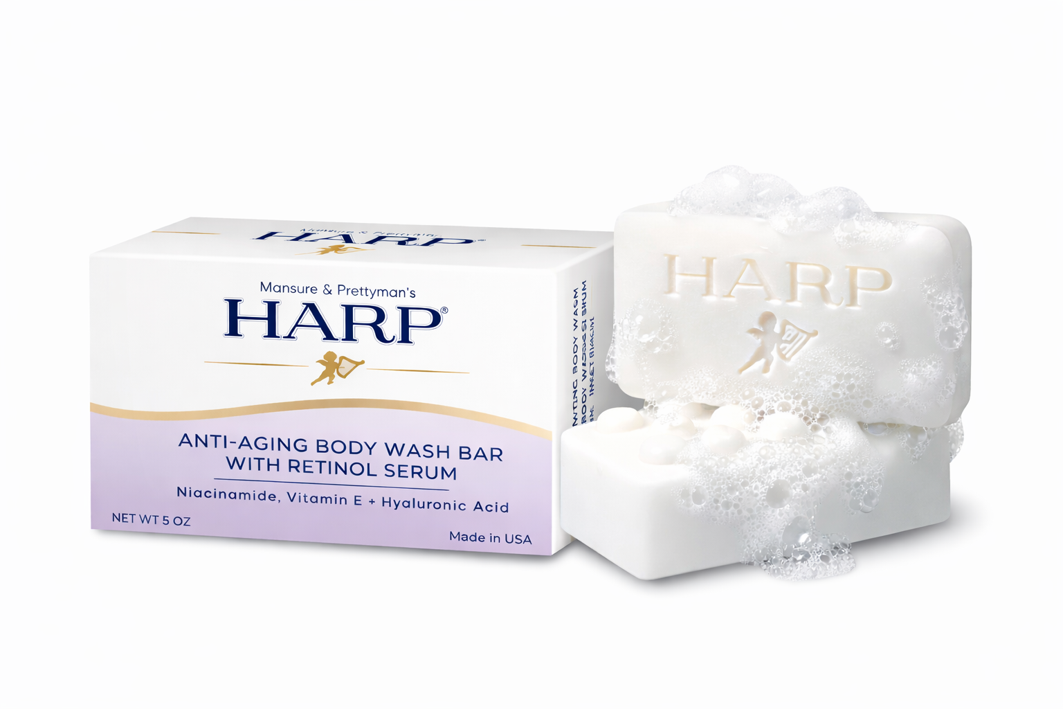 HARP® Anti-Aging Body Wash Bar with Retinol – pH Balanced Syndet Cleanser, FRAGRANCE FREE, Soap-Free & No Lye, Non-Comedogenic, With Niacinamide, Hyaluronic Acid & Vitamin E, 5 oz