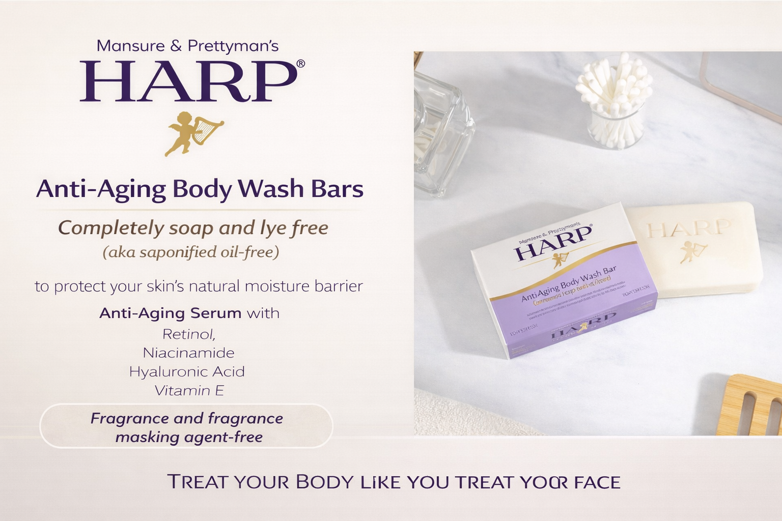 HARP® Anti-Aging Body Wash Bar with Retinol – pH Balanced Syndet Cleanser, FRAGRANCE FREE, Soap-Free & No Lye, Non-Comedogenic, With Niacinamide, Hyaluronic Acid & Vitamin E, 5 oz