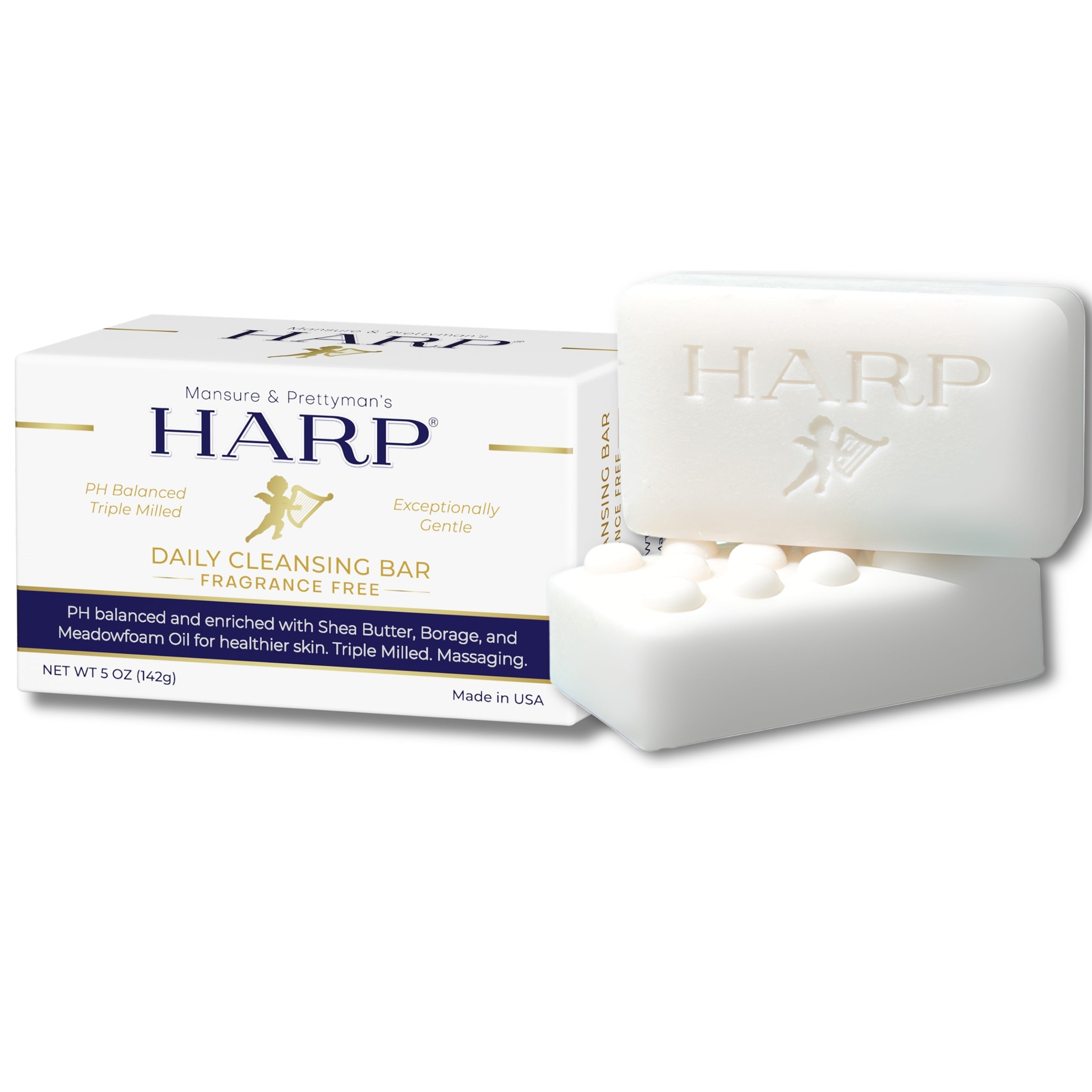 HARP® FRAGRANCE FREE Body Wash Bar – pH Balanced (5.0–6.0) Syndet Cleanser, No Lye, Non-Comedogenic, Gentle for Sensitive & Dry Skin, With Shea Butter & Borage Oil. 5oz Bars